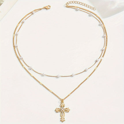 Layered Cross Necklace in Gold with Beaded Accents | Elegant Faith-Inspired Jewelry for Everyday Wear