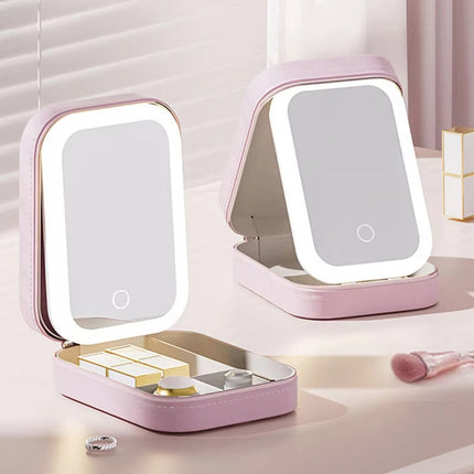 Makeup Bag with LED Lighted Mirror, Compact Zippered Travel Cosmetic Case for Touch Ups and Organizing