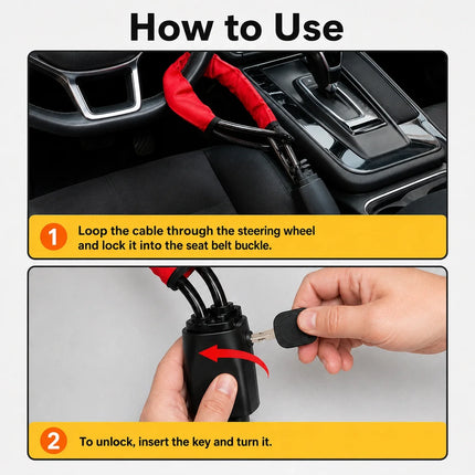 Anti-Theft Steering Wheel Cable Lock for Cars, Visible Steel Security Deterrent with Keys, in Red, Black, Yellow or Blue