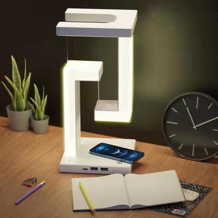 Levitating Desk Lamp with Wireless Phone Charging, Magnetic Floating LED Night Light with Adjustable Brightness