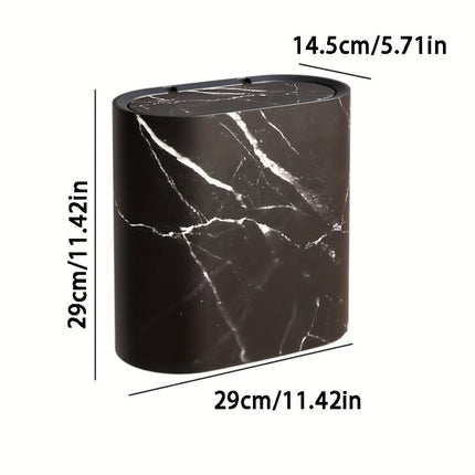 Marble Pattern Trash Can with Fitted Lid | Space-Saving Oval Bin for Bathroom and Kitchen Elegance