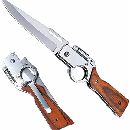 Folding Pocket Knife with Stainless Steel Blade, Lever-Action Rifle Styling, Wooden Handle and Built-In Flashlight