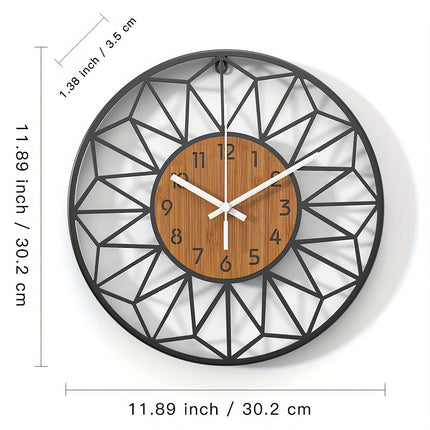 Modern Wall Clock with Silent Quartz Movement | Stylish Metal Frame & Wood Grain Center for Tranquil Interiors