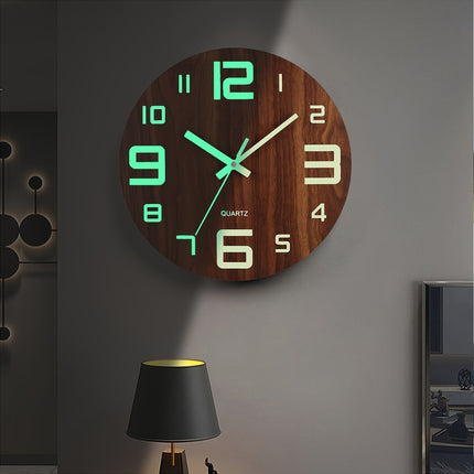 Walnut Luminous Wall Clock with Silent Quartz Movement | Glowing Numbers for Easy Nighttime Visibility