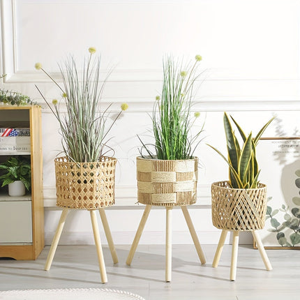 Bohemian Bamboo Flower Stand with Handwoven Checkered Design | Stylish Planter for Indoor or Outdoor Spaces