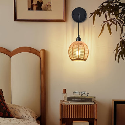 Boho Rattan Wall Lamp with Adjustable Arm | Handwoven Sconce for Soft Ambient Lighting