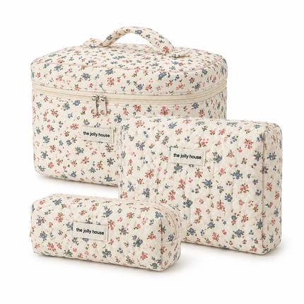 Floral Makeup Bag Set with Soft Quilted Design | 3-Piece Travel Organizer for Beauty and Toiletries