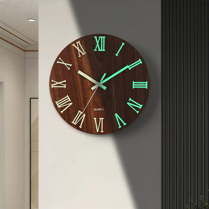 Walnut Luminous Wall Clock with Silent Quartz Movement | Glowing Numbers for Easy Nighttime Visibility