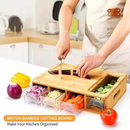 Bamboo Cutting Board Set with 4 Interchangeable Blades & Storage Trays | Eco-Friendly Kitchen Prep for Easy Cooking