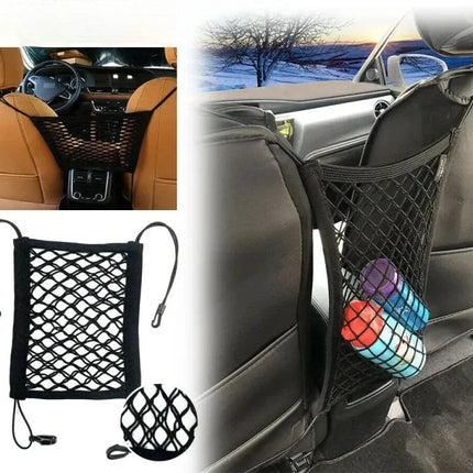 Car Seat Back Storage Net and Rear Pet Barrier with Adjustable Straps and Hooks for Cars, SUVs and Trucks