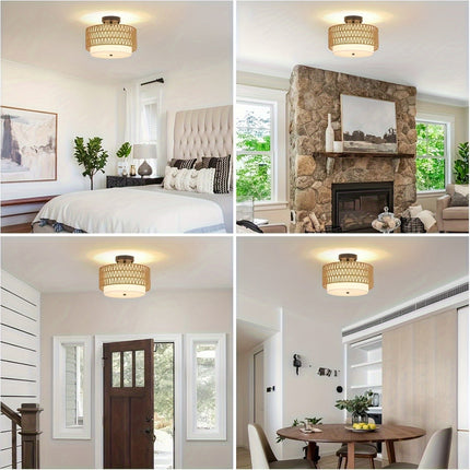 Boho Rattan Ceiling Light with Linen Shade | Semi-Flush Mount for Warm Ambient Glow