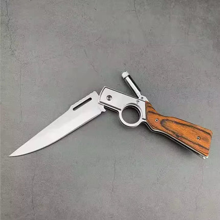 Folding Pocket Knife with Stainless Steel Blade, Lever-Action Rifle Styling, Wooden Handle and Built-In Flashlight
