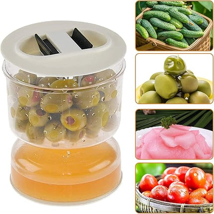 Dual Chamber Pickle and Olive Jar with Flip to Drain Strainer and Brine Catch Base for Fridge Storage
