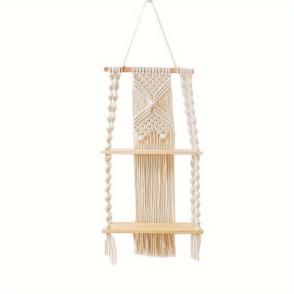 Boho Macrame Wall Shelf with 2-Tier Design | Natural Wood & Cotton Rope for Stylish Space-Saving Storage