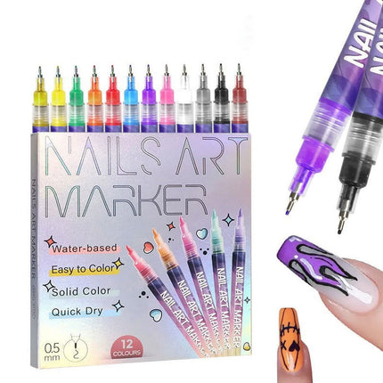 Nail Art Pen Set with 12 Colors and Fine Tip for DIY Manicure Designs at Home for Beginners