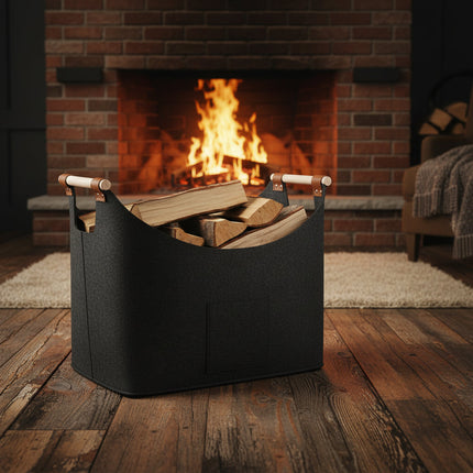 Firewood Carrier with Leather Handles | Foldable Felt Storage Bag for Easy Transport and Home Use