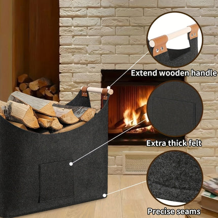Firewood Carrier with Leather Handles | Foldable Felt Storage Bag for Easy Transport and Home Use