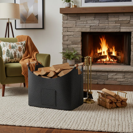 Firewood Carrier with Leather Handles | Foldable Felt Storage Bag for Easy Transport and Home Use