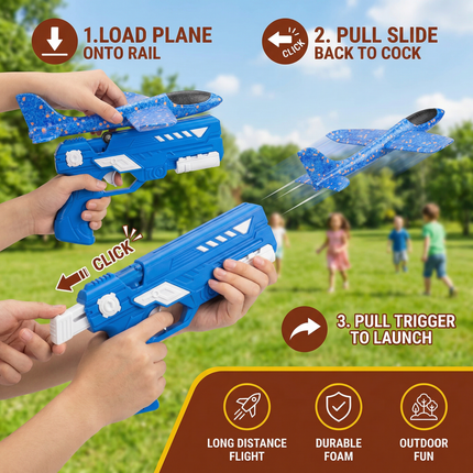 Foam Airplane Launcher with Easy Push-Button Launch | Interactive Outdoor Flying Toy for Kids' Coordination Fun