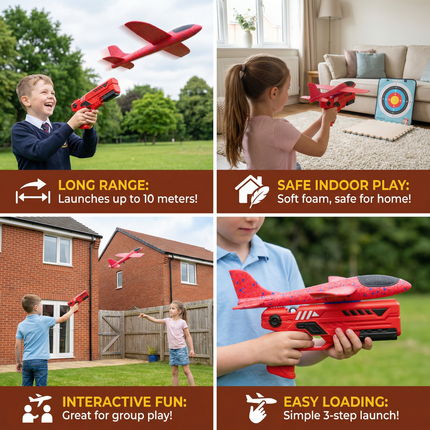 Foam Airplane Launcher with Easy Push-Button Launch | Interactive Outdoor Flying Toy for Kids' Coordination Fun