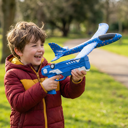 Foam Airplane Launcher with Easy Push-Button Launch | Interactive Outdoor Flying Toy for Kids' Coordination Fun