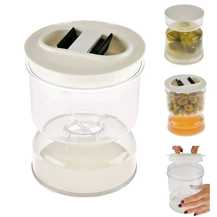 Dual Chamber Pickle and Olive Jar with Flip to Drain Strainer and Brine Catch Base for Fridge Storage