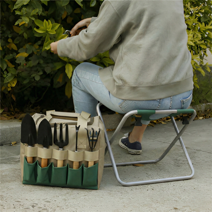 Portable Garden Tool Set with Folding Stool & 6 Essential Tools | Convenient Seating for Gardening Tasks