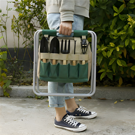 Portable Garden Tool Set with Folding Stool & 6 Essential Tools | Convenient Seating for Gardening Tasks