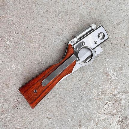 Folding Pocket Knife with Stainless Steel Blade, Lever-Action Rifle Styling, Wooden Handle and Built-In Flashlight