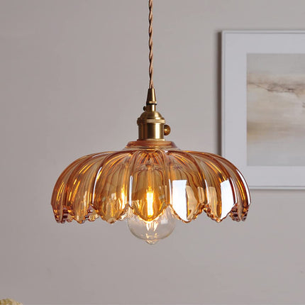 Kitchen Island Pendant Light, Vintage Flower Glass Hanging Light, Dining Room Lighting Fixture with Brass Finish_01