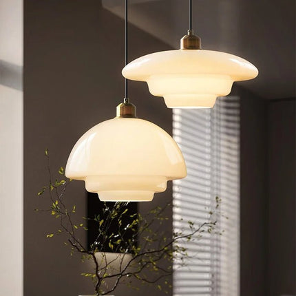 White Glass Pendant Light with Adjustable Height | Mid-Century Design for Warm Ambient Illumination