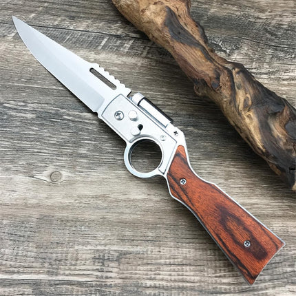 Folding Pocket Knife with Stainless Steel Blade, Lever-Action Rifle Styling, Wooden Handle and Built-In Flashlight