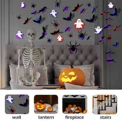 Halloween Decorations 104 Piece, Lighted 3D Bat Spider and Ghost Decorations, Indoor Halloween Wall Decor Set_04