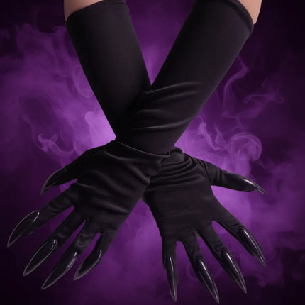 Long Finger Costume Gloves in Black Satin | Elegant Halloween Accessory for Witch and Cosplay Outfits