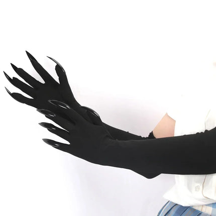 Long Finger Costume Gloves in Black Satin | Elegant Halloween Accessory for Witch and Cosplay Outfits