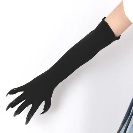 Long Finger Costume Gloves in Black Satin | Elegant Halloween Accessory for Witch and Cosplay Outfits