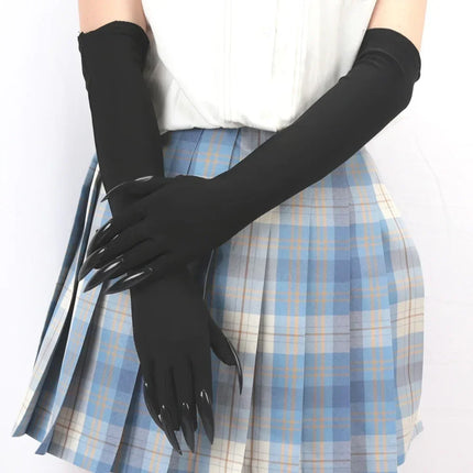 Long Finger Costume Gloves in Black Satin | Elegant Halloween Accessory for Witch and Cosplay Outfits