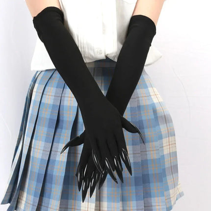 Long Finger Costume Gloves in Black Satin | Elegant Halloween Accessory for Witch and Cosplay Outfits