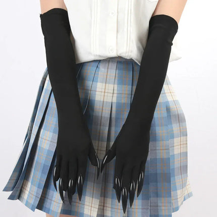 Long Finger Costume Gloves in Black Satin | Elegant Halloween Accessory for Witch and Cosplay Outfits