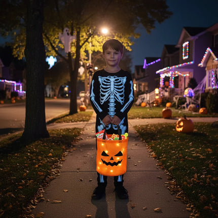 LED Pumpkin Trick or Treat Bag with Light-Up Design | Reusable Halloween Accessory for Safe Candy Collecting
