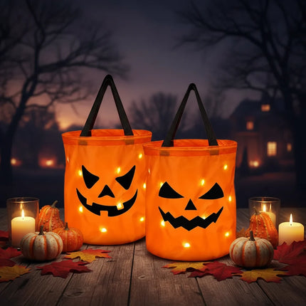 LED Pumpkin Trick or Treat Bag with Light-Up Design | Reusable Halloween Accessory for Safe Candy Collecting