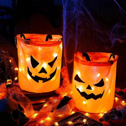 LED Pumpkin Trick or Treat Bag with Light-Up Design | Reusable Halloween Accessory for Safe Candy Collecting
