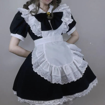 Adult Gothic Maid Costume Set with Ruffled Dress & Apron | Elegant Halloween Look for Cosplay and Themed Parties