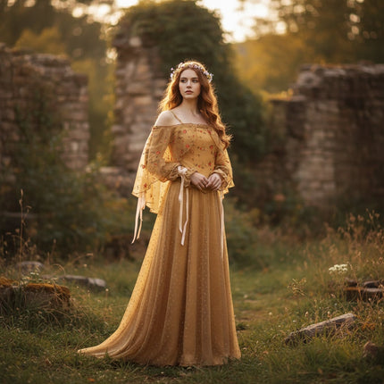 Adult Medieval Fantasy Costume Dress with Flowing Skirt | Elegant Historical Look for Halloween and Themed Events