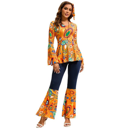 Adult Hippie Halloween Costume Set with Colorful Top & Flared Bell Bottom Pants | Retro 70s Style for Themed Parties