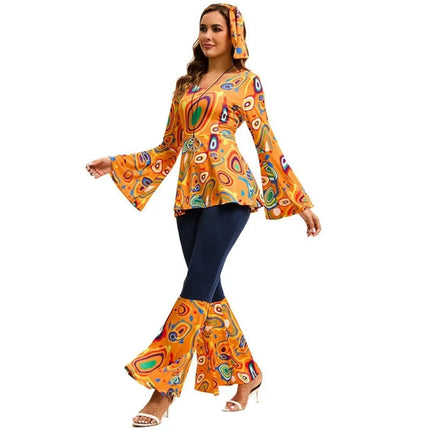 Adult Hippie Halloween Costume Set with Colorful Top & Flared Bell Bottom Pants | Retro 70s Style for Themed Parties