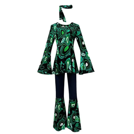 Adult Hippie Halloween Costume Set with Colorful Top & Flared Bell Bottom Pants | Retro 70s Style for Themed Parties