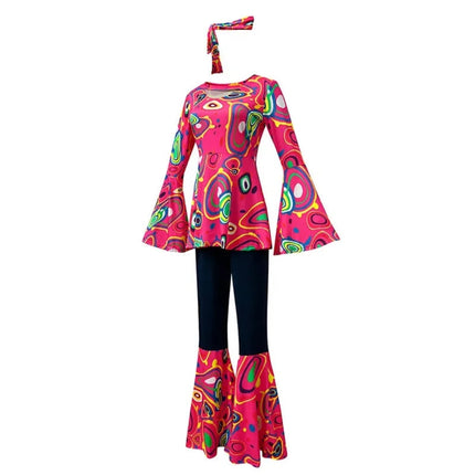 Adult Hippie Halloween Costume Set with Colorful Top & Flared Bell Bottom Pants | Retro 70s Style for Themed Parties