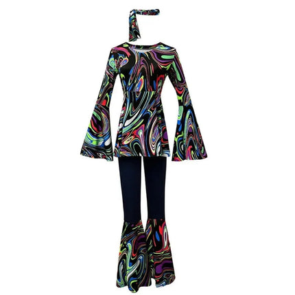 Adult Hippie Halloween Costume Set with Colorful Top & Flared Bell Bottom Pants | Retro 70s Style for Themed Parties