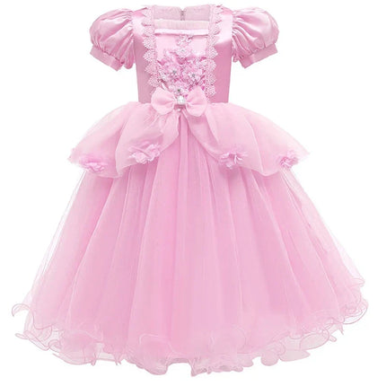Girls Princess Dress with Lace Embroidery & Bow Detail | Elegant Party Gown for Halloween and Special Events